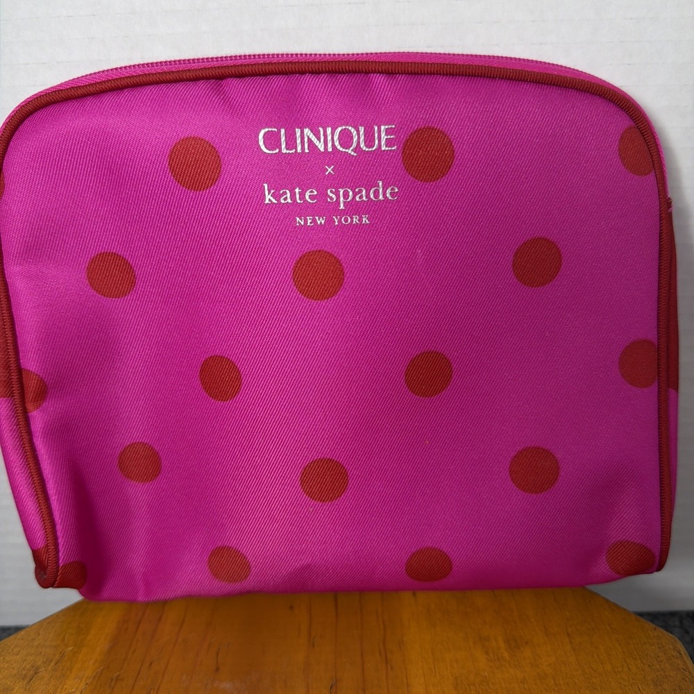 Clinique x Kate Spade Cosmetic Makeup Bag Pink Polka Dots Travel Vacation